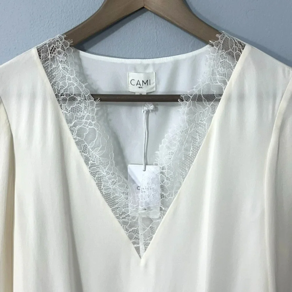 Cami NYC Top Women Medium White 100% Silk Long Sleeve V-Neck Lace Trim NEW - Picture 3 of 15